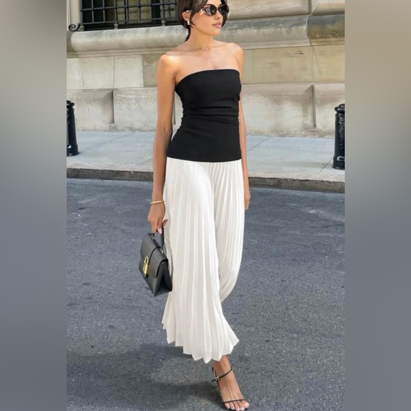 Commense Sleeveless Pleated Skirt Long Bandeau Dress Black and White Size M NEW - Picture 5 of 11